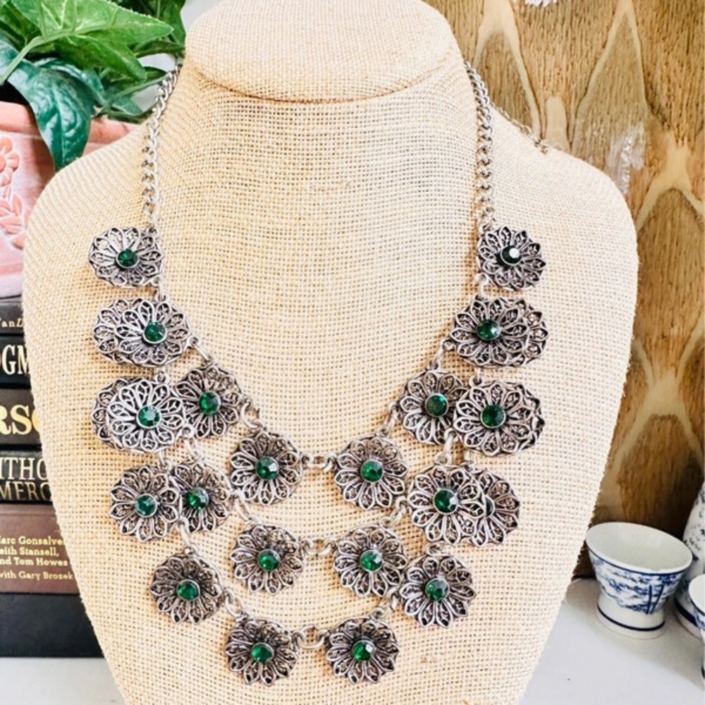 Intricate Silver and Green Floral Necklace